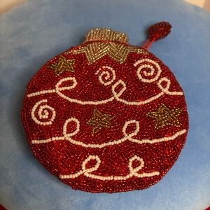 Beaded Red Ornament Christmas Coin Purse with Zipper Closure